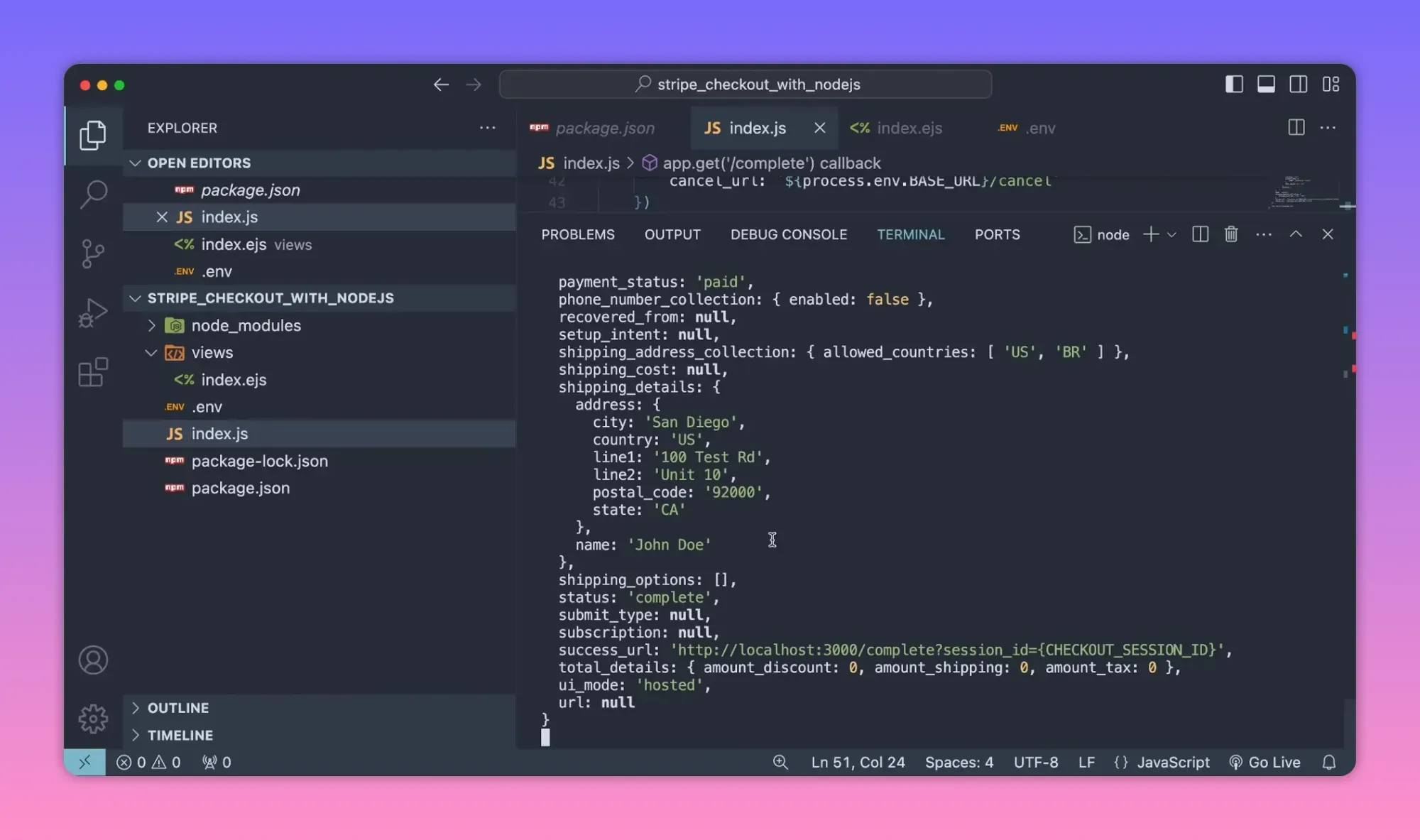 Terminal output showing Stripe Checkout session with success_url, total_details and shipping/customer information