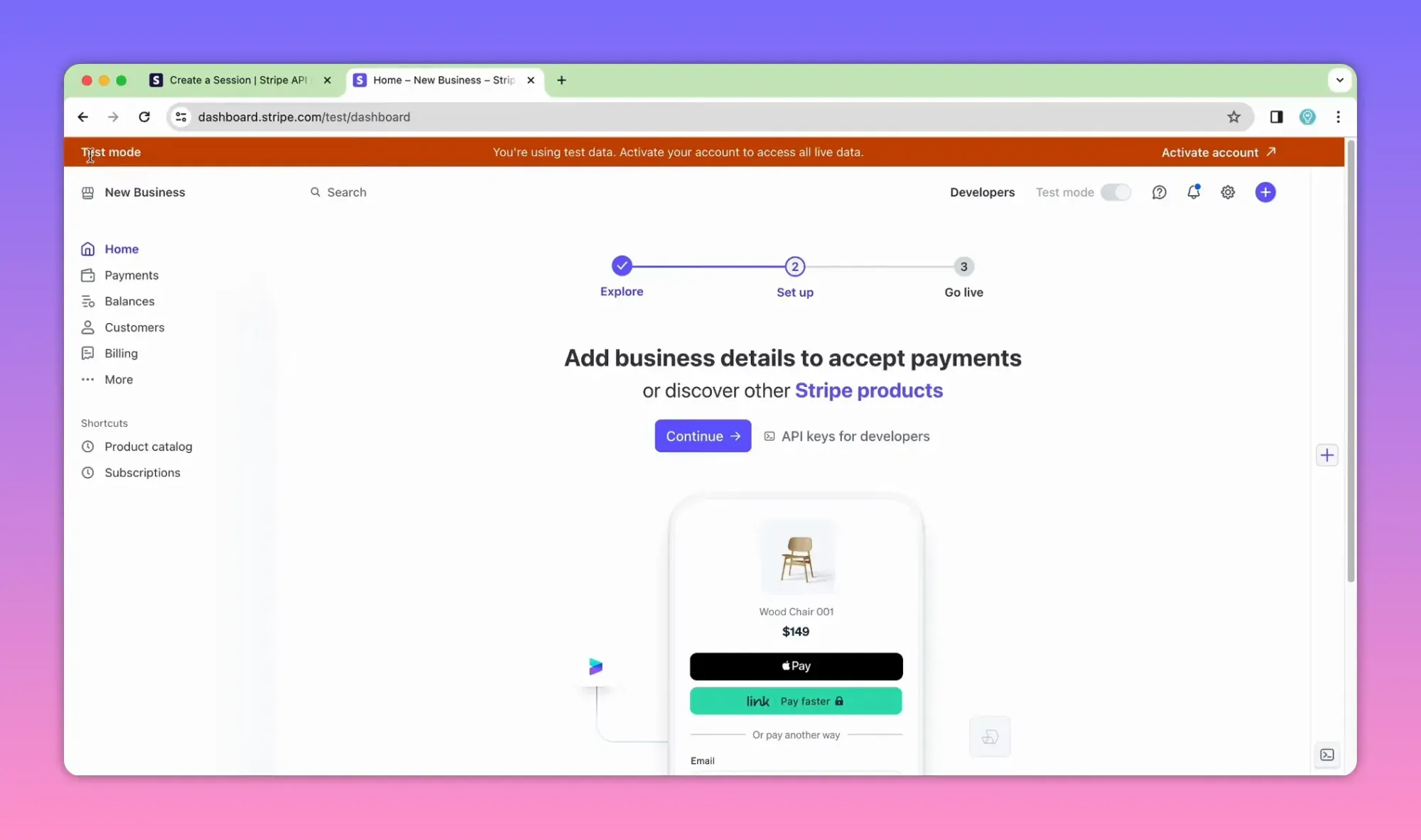 Stripe dashboard home page in test mode with 'Add business details to accept payments' message