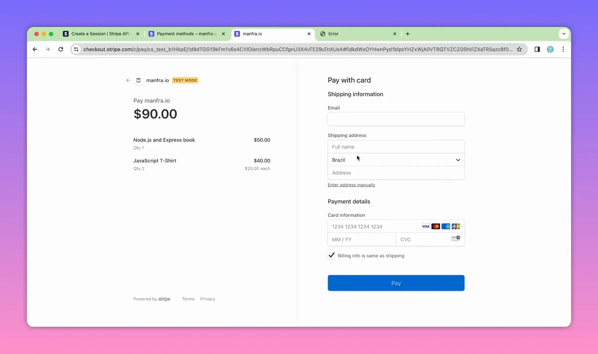 Stripe hosted Checkout page in test mode showing a $90 order summary on the left and the 'Pay with card' form on the right