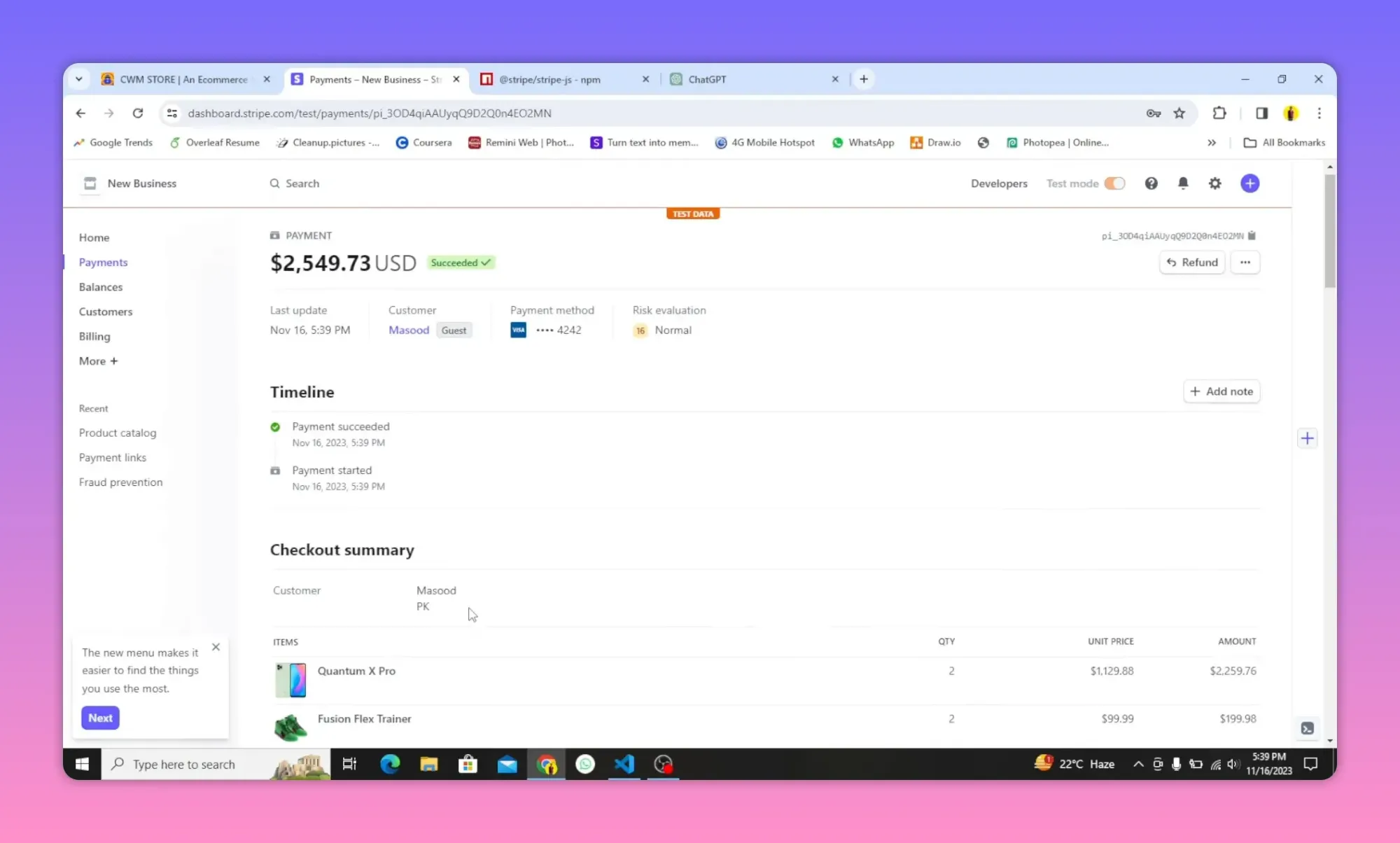 Stripe Dashboard detailed payment view showing successful status, amount, timeline and checkout summary