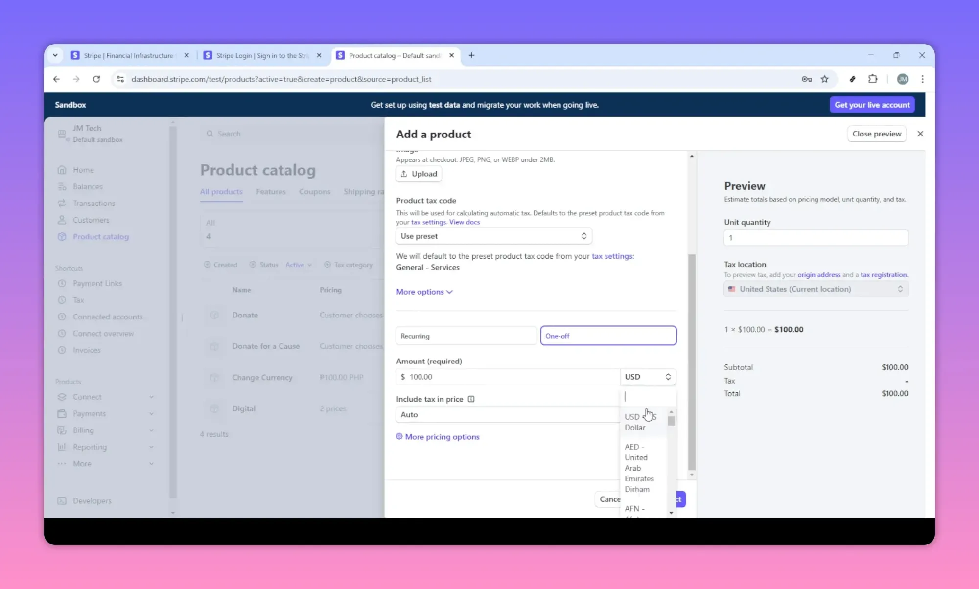 Stripe Add a product screen showing Recurring and One-off toggle, $100 amount and open currency dropdown