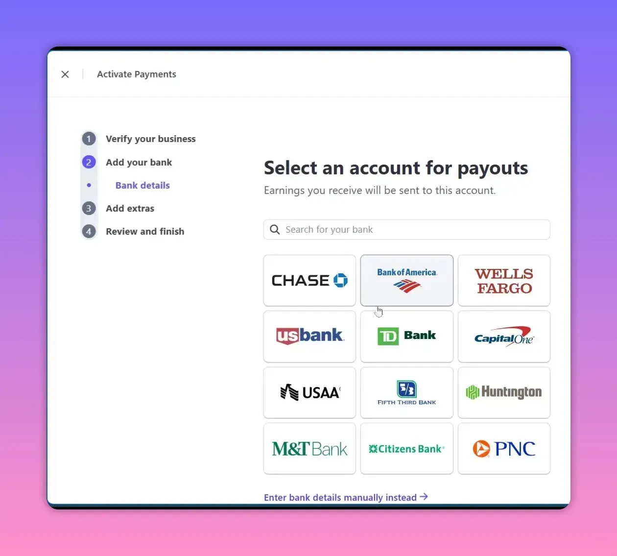 Stripe onboarding screen titled 'Select an account for payouts' showing a grid of bank logos like Chase, Bank of America and Wells Fargo