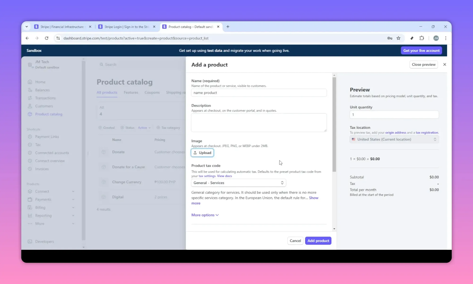 Stripe product catalog add a product dialog showing name, description and upload image field