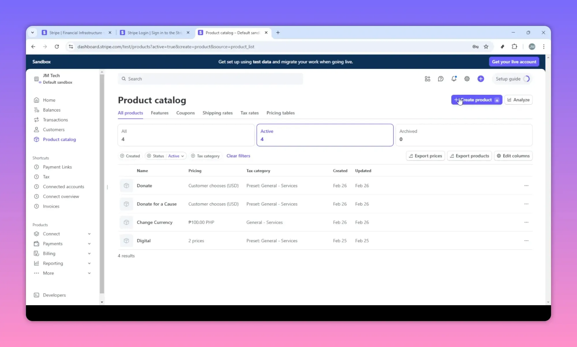 Stripe Product Catalog page with product list and 'Create product' button visible
