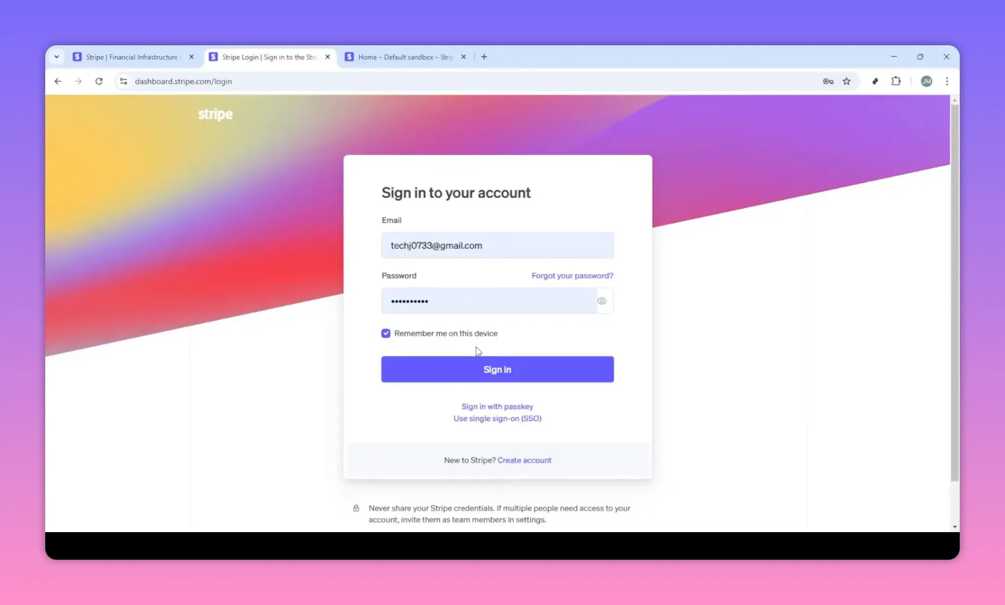 Stripe sign in page showing the email and password fields and a Sign in button