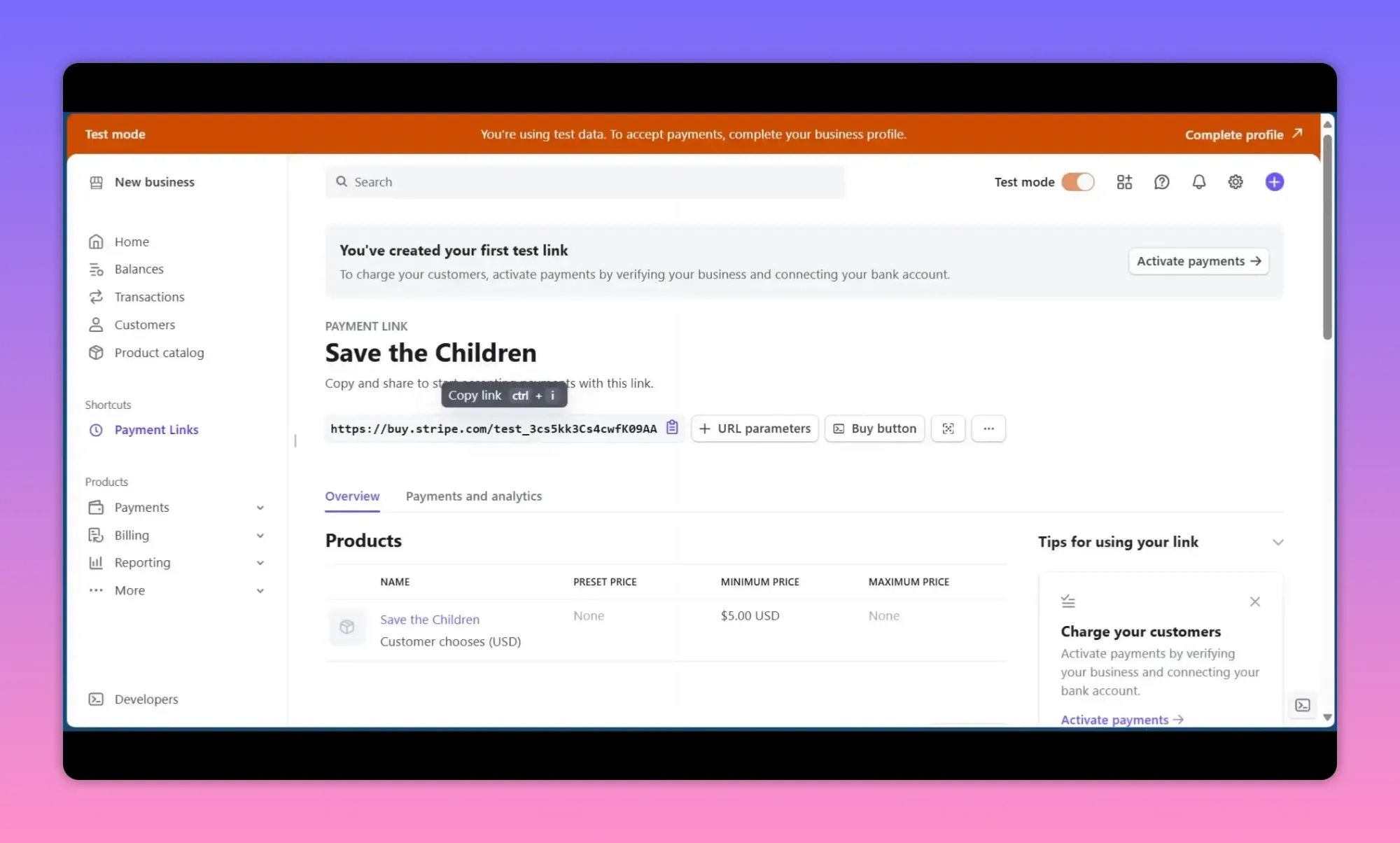 Crisp Stripe dashboard screenshot showing the 'Save the Children' payment link, the link URL, and the left navigation with Transactions and Balances.