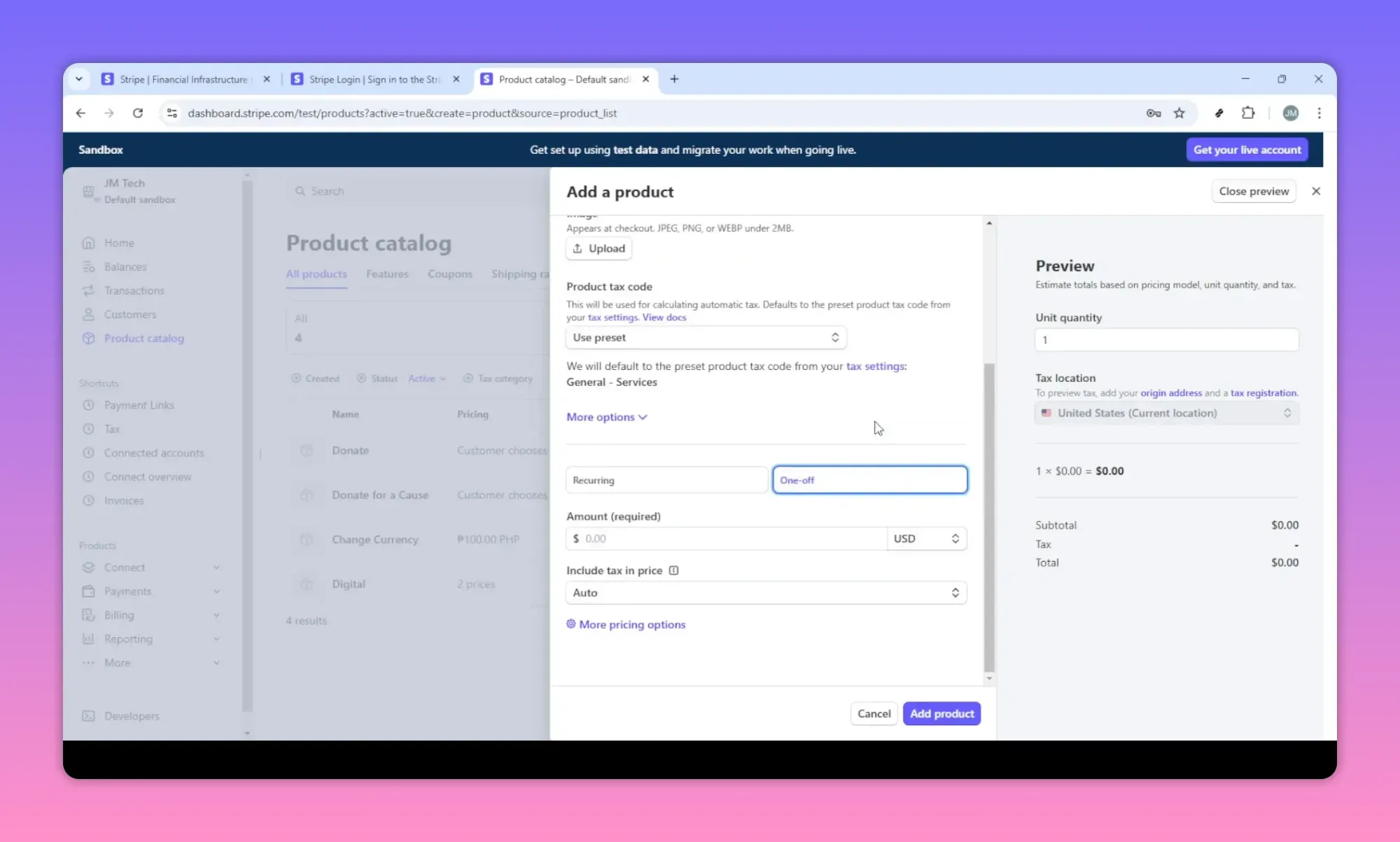Stripe 'Add a product' form showing the Upload button for product image and product tax code
