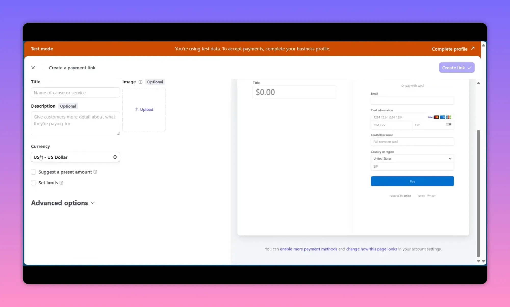 Stripe create a payment link form with live checkout preview showing card fields and $0.00 price
