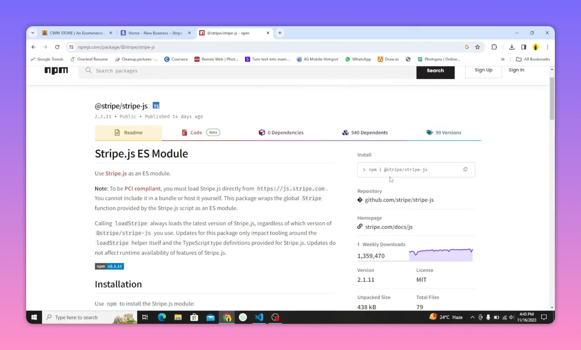 npmjs package page for @stripe/stripe-js with installation instructions and package info