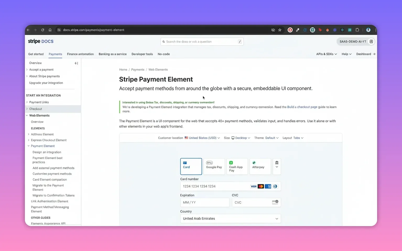 Stripe docs page titled 'Stripe Payment Element' with example Payment Element UI visible