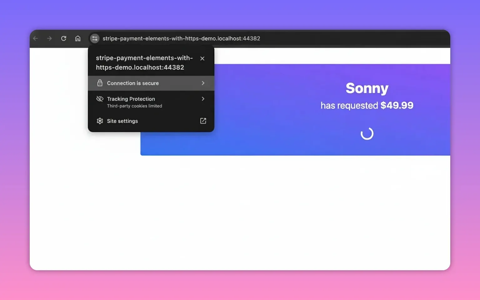 Browser security popup indicating 'Connection is secure' for the local stripe-payment-elements-with-https-demo domain
