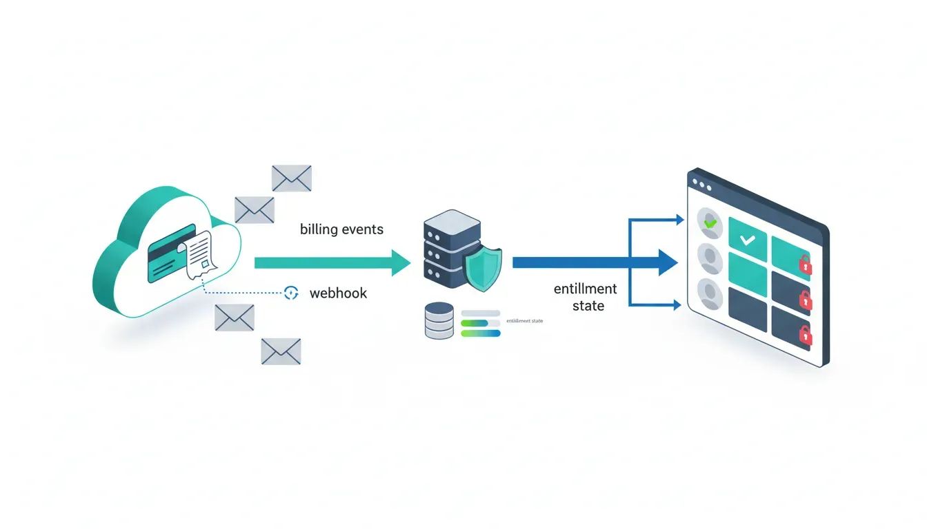 Flat vector showing payment webhooks updating an entitlement service that grants or denies app access