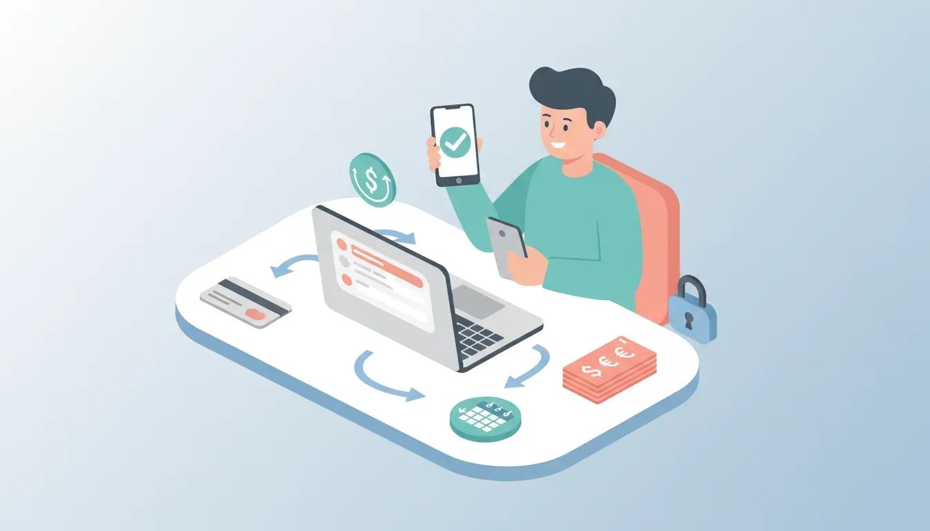 Illustration of a small business owner using laptop and phone to accept online payments with credit card, invoices, calendar and security padlock showing a clear payment workflow