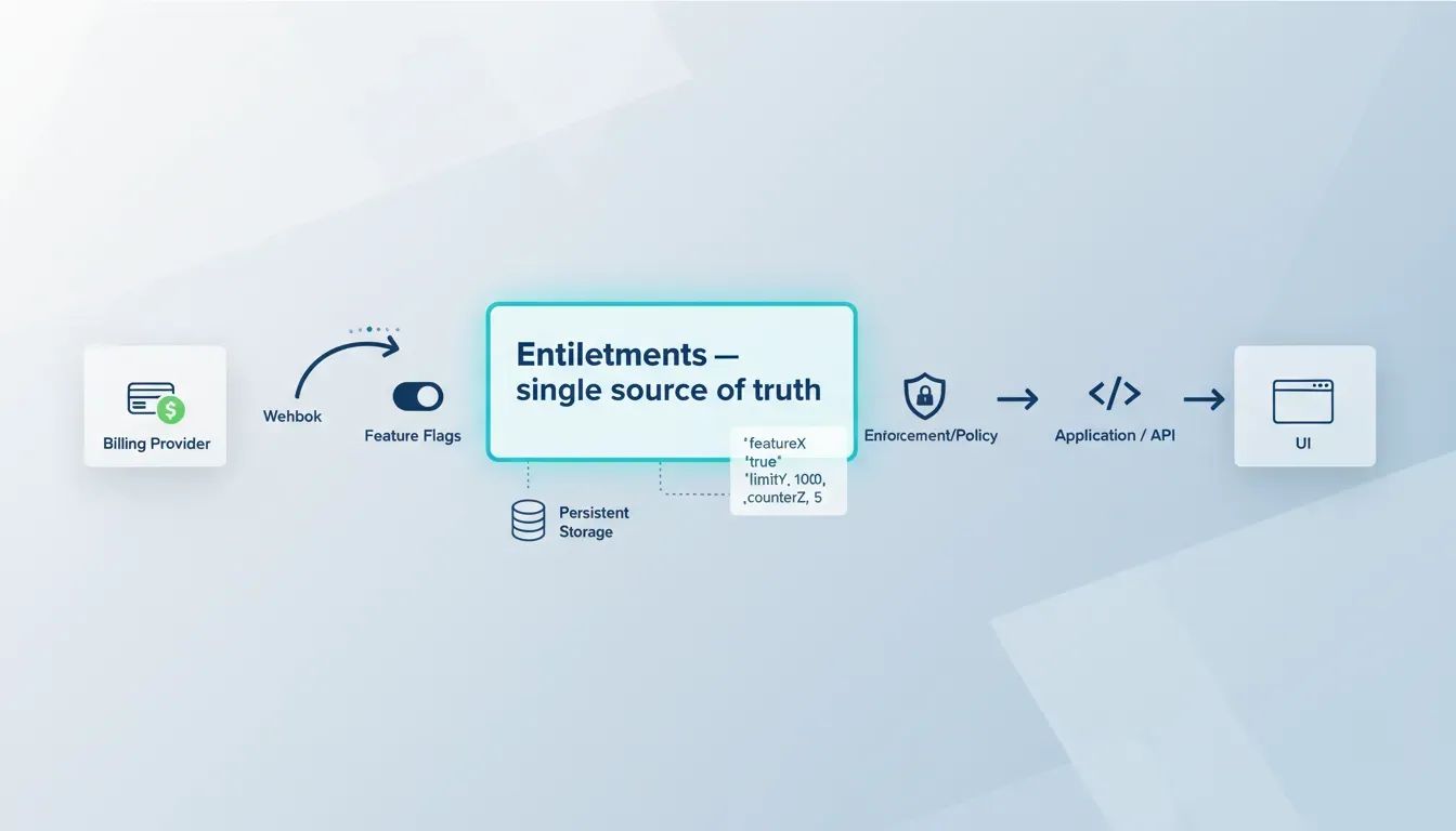 Diagram of a SaaS architecture highlighting a dedicated entitlement layer as the single source of truth between billing and the application