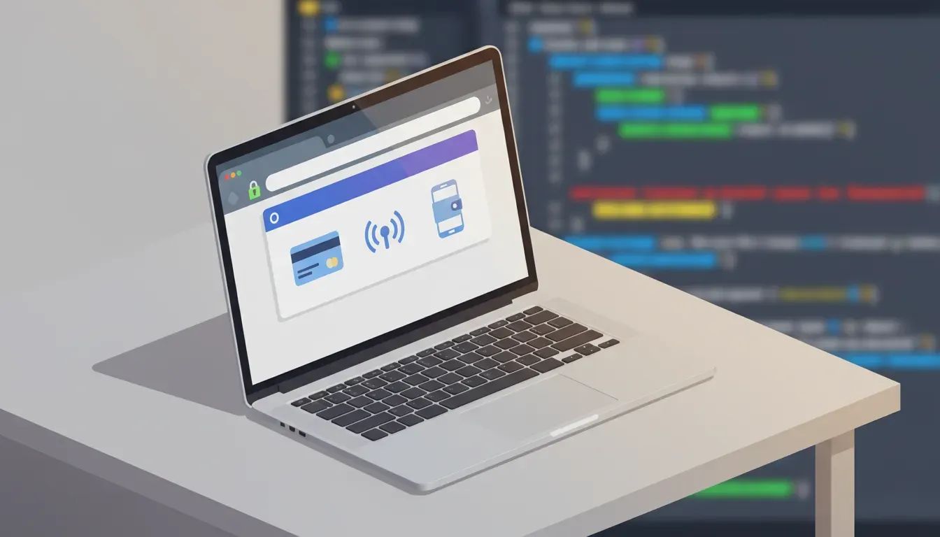 Laptop showing a secure checkout payment widget with a credit card icon, contactless symbol, mobile wallet icon and a padlock in the browser address bar, representing Stripe payments in a Ne
