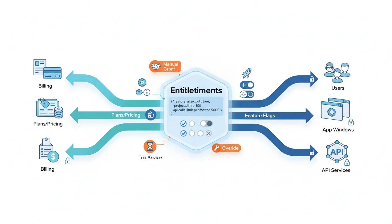 Isometric vector illustration of a central SaaS entitlements layer connecting billing, plans, and feature flags to user access