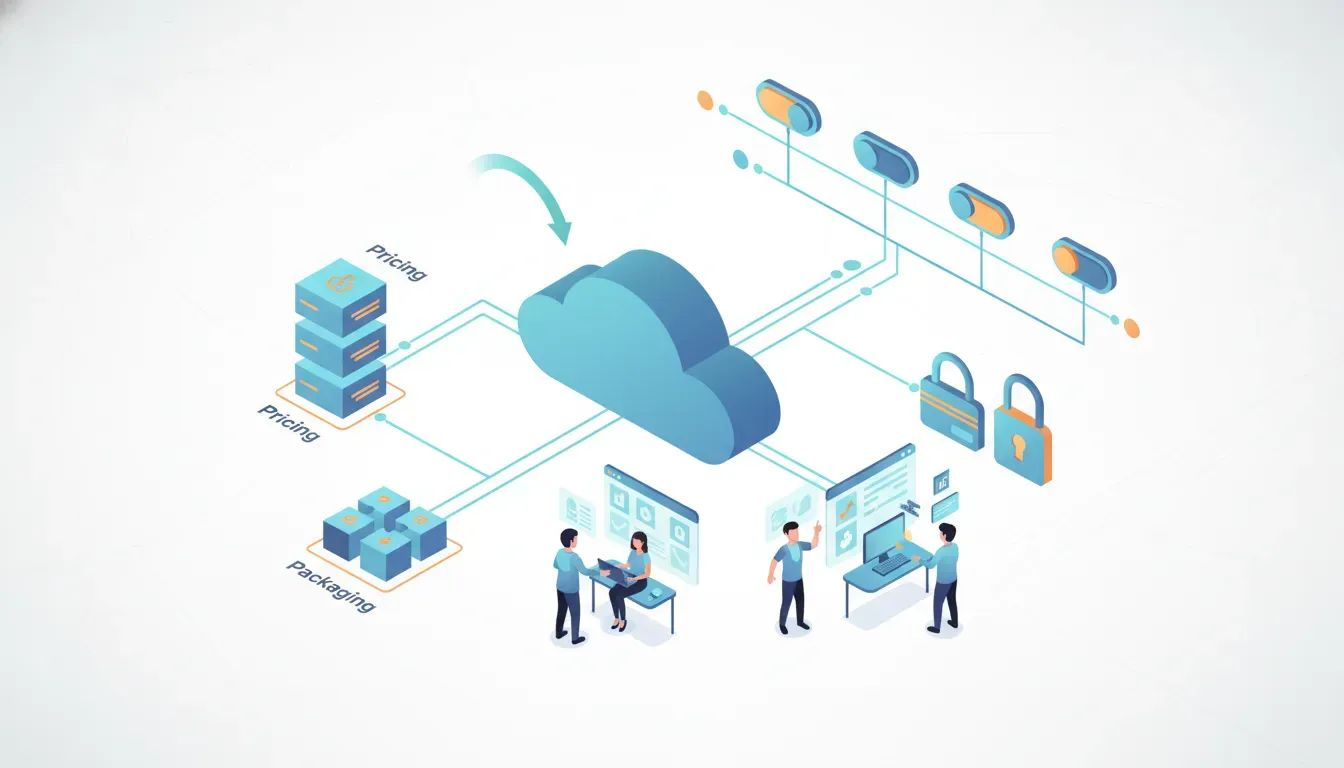 Isometric illustration of a scalable SaaS monetization architecture showing cloud platform with connected pricing, packaging, entitlements and feature-flag modules and data flows