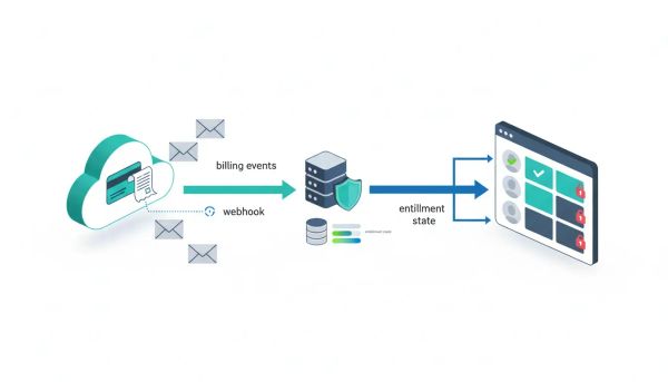 Flat vector showing payment webhooks updating an entitlement service that grants or denies app access