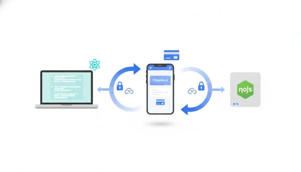 Vector illustration of Stripe Checkout integration flow between a React frontend (laptop) and a Node.js backend (server) with a mobile checkout, arrows, padlock and token icons conveying sec