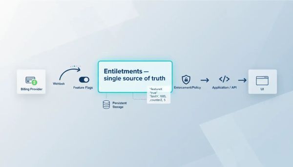 Diagram of a SaaS architecture highlighting a dedicated entitlement layer as the single source of truth between billing and the application