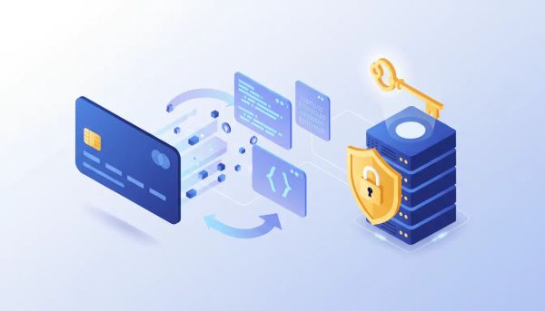 Isometric illustration of a secure webhook flow: a payment token sending signed data packets to a server with a shield, padlock and key representing the webhook signing secret