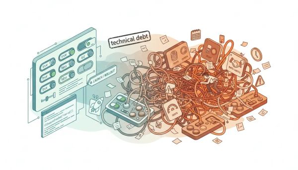 Isometric illustration showing clean feature-flag toggles turning into a tangled entitlement dashboard with cables, quotas, support overrides and warning icons representing technical debt.