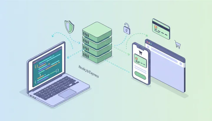 Vector illustration showing a developer laptop and backend server connected via arrows to a mobile and browser checkout UI with a credit card and padlock, representing integrating Stripe Che
