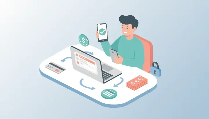 Illustration of a small business owner using laptop and phone to accept online payments with credit card, invoices, calendar and security padlock showing a clear payment workflow
