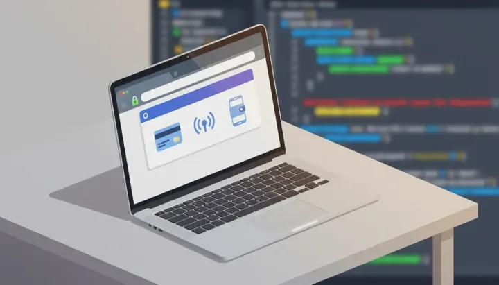 Laptop showing a secure checkout payment widget with a credit card icon, contactless symbol, mobile wallet icon and a padlock in the browser address bar, representing Stripe payments in a Ne
