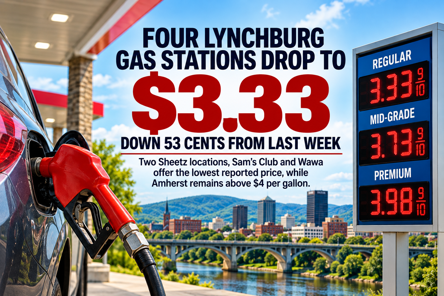 Four Lynchburg Gas Stations Drop to $3.33, Down 53 Cents from Last Week