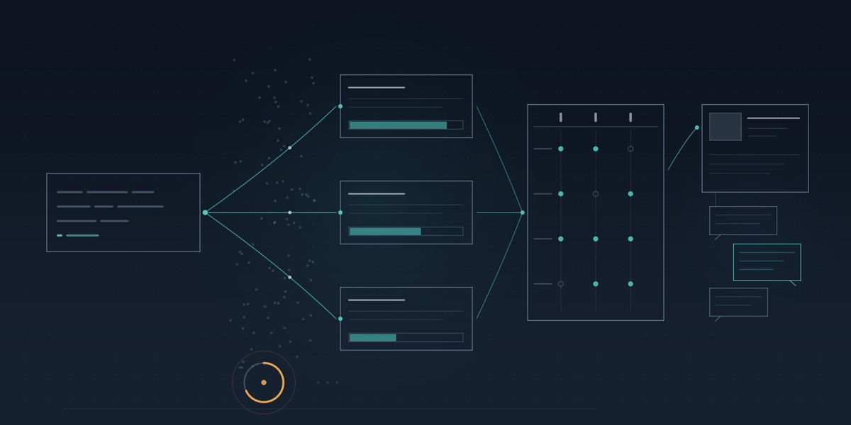 Abstract diagram of a natural-language query fanning through a scattered catalog into ranked recommendation cards, a comparison grid, a product page with chat bubbles, and an amber arc