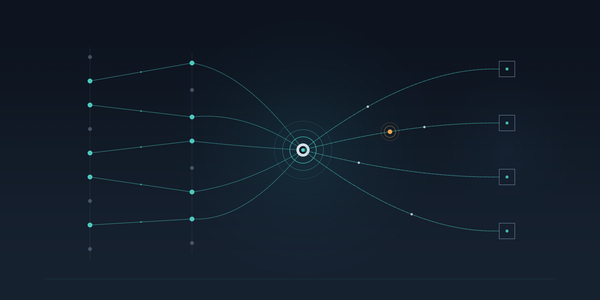 Abstract diagram of partner account records linked by matched overlaps, converging on a central data layer that fans out to four external endpoints, one channel carrying an alert pulse
