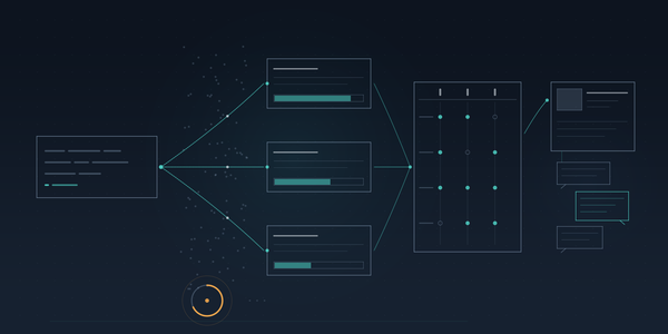 Abstract diagram of a natural-language query fanning through a scattered catalog into ranked recommendation cards, a comparison grid, a product page with chat bubbles, and an amber arc