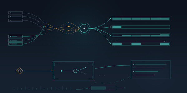 Abstract diagram of bank and marketplace rows joined by dashed match lines, passing a review gate into four recognition schedule bars, with a referral routed through an accept or decline fork