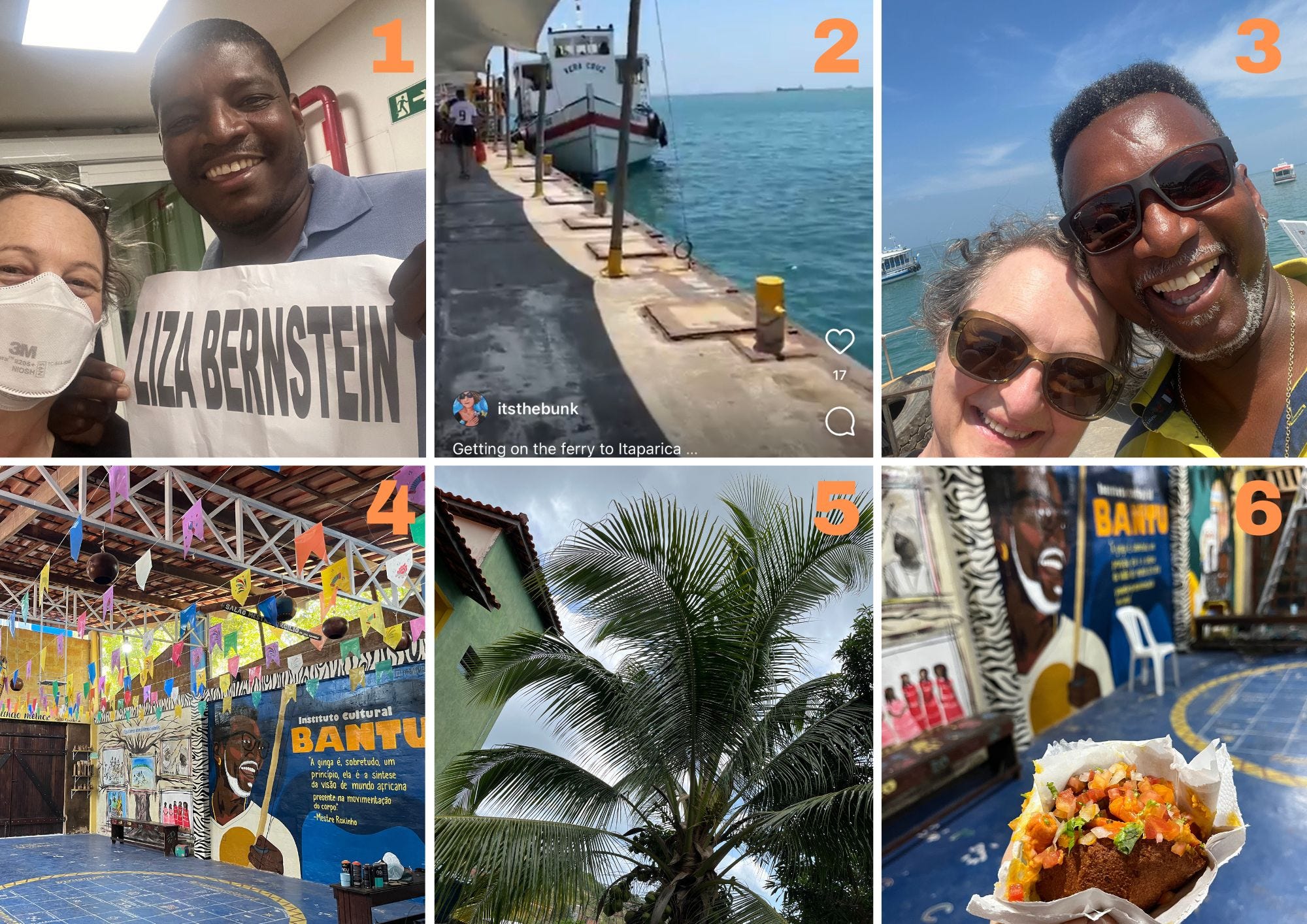 A collage of 6 images described below in the text of the post. From my first day in Bahia, Brazil.