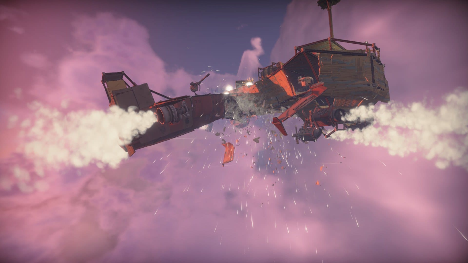 Worlds Adrift, screenshot ze hry s rozpadající se vzducholodí