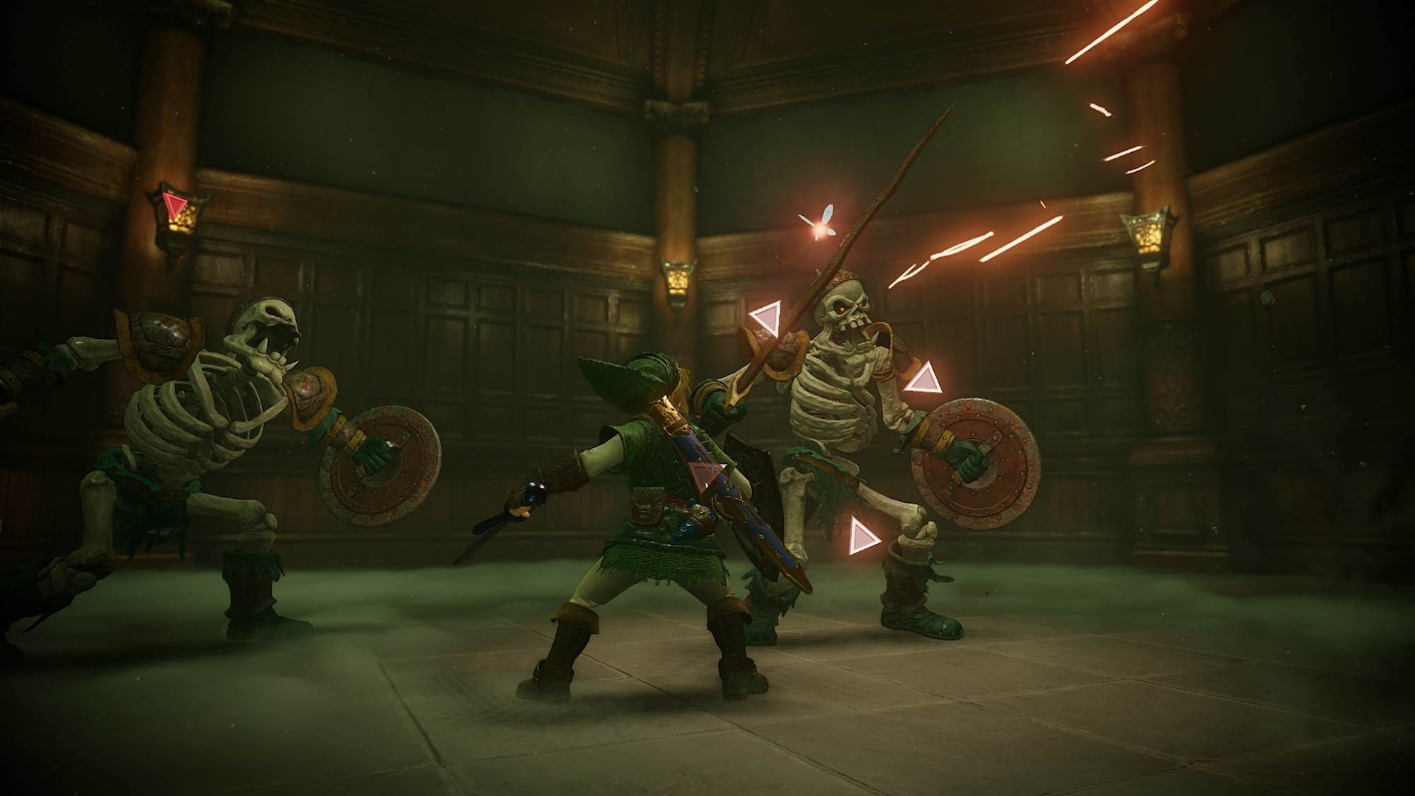 Link bojuje se dvěma stalfosy v dungeonu remaku Ocarina of Time