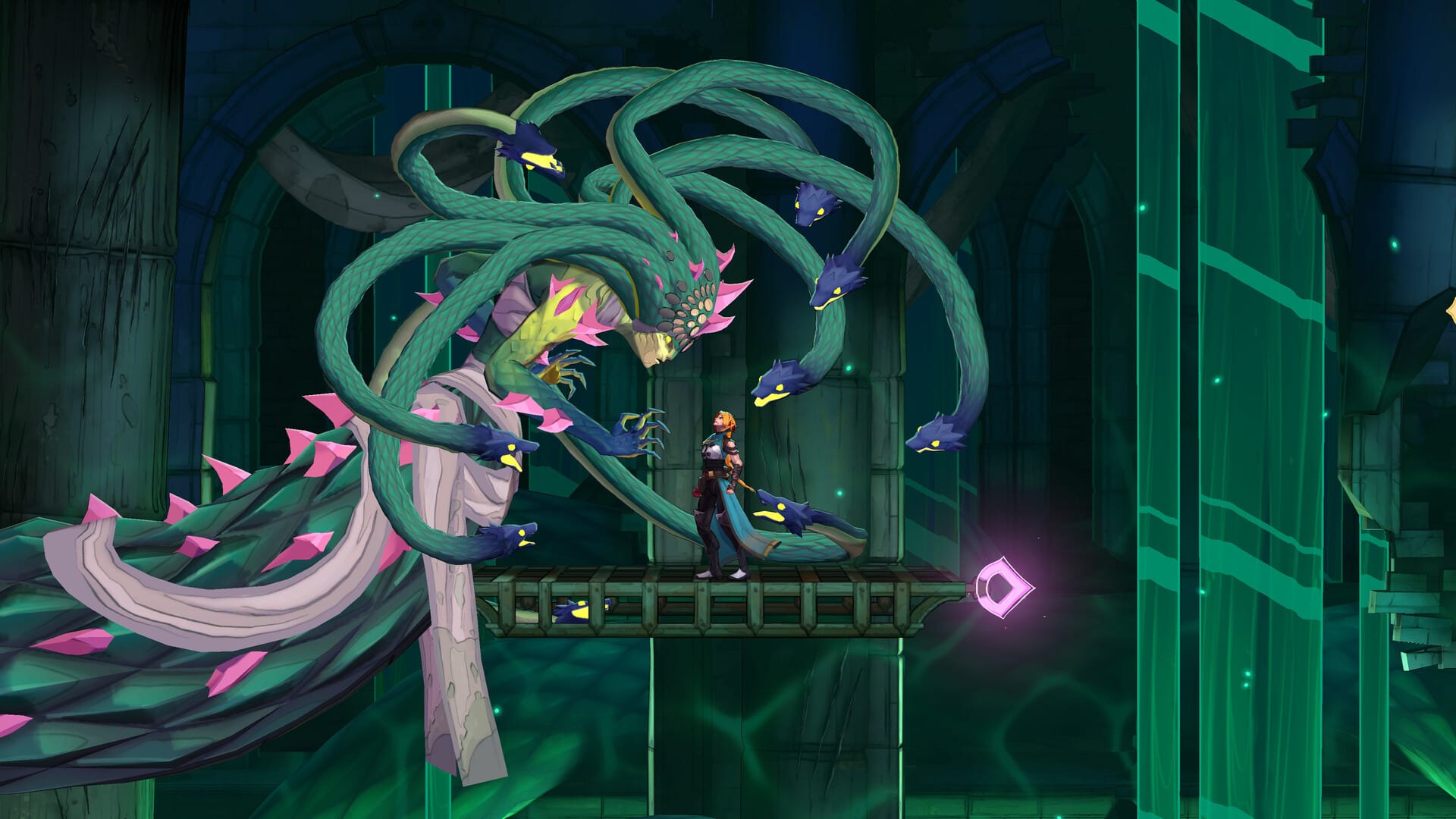 Rose Belmont bojuje na lávce s obřím hadovitým bossem v zeleně osvětlené gotické síni