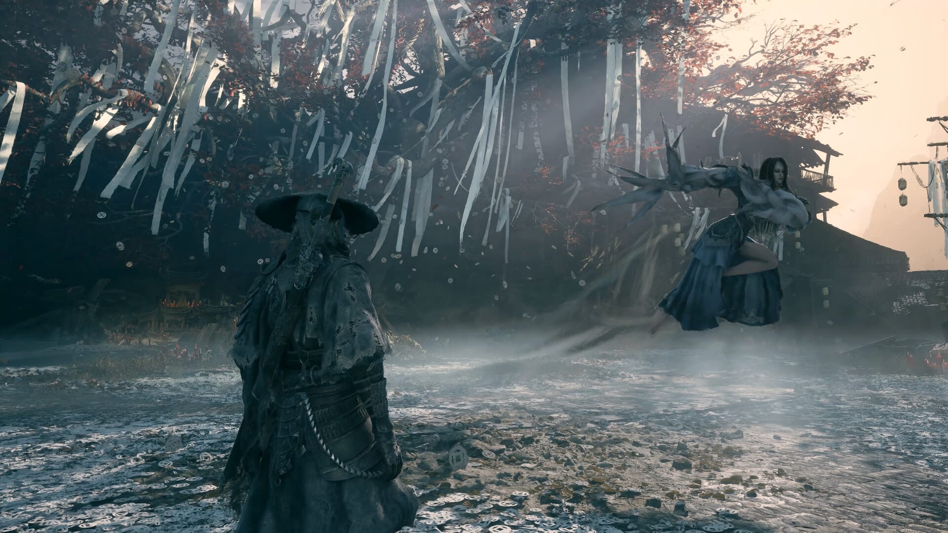 Hrdina v klobouku proti čaroději v zasněžené krajině ve hře Phantom Blade Zero