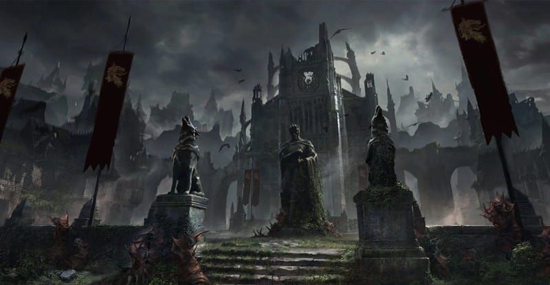 Koncept art k Diablo V zobrazující zříceniny Sanktuária se sochou trůnícího Diabla