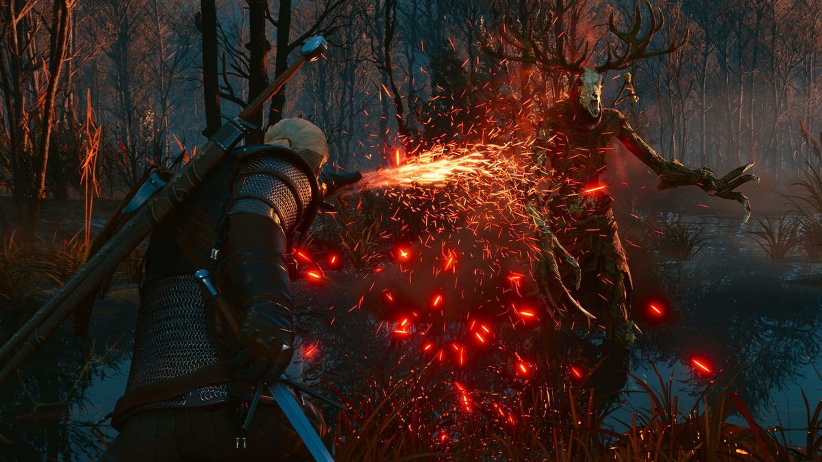 Geralt z Rivie v boji s lesním duchem, kolem nich létají jiskry