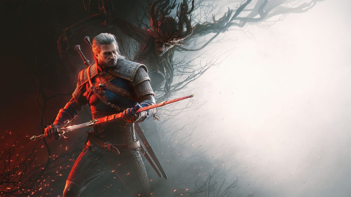 Geralt z Rivie s taseným mečem, klíčová grafika k datadisku The Witcher 3: Songs of the Past