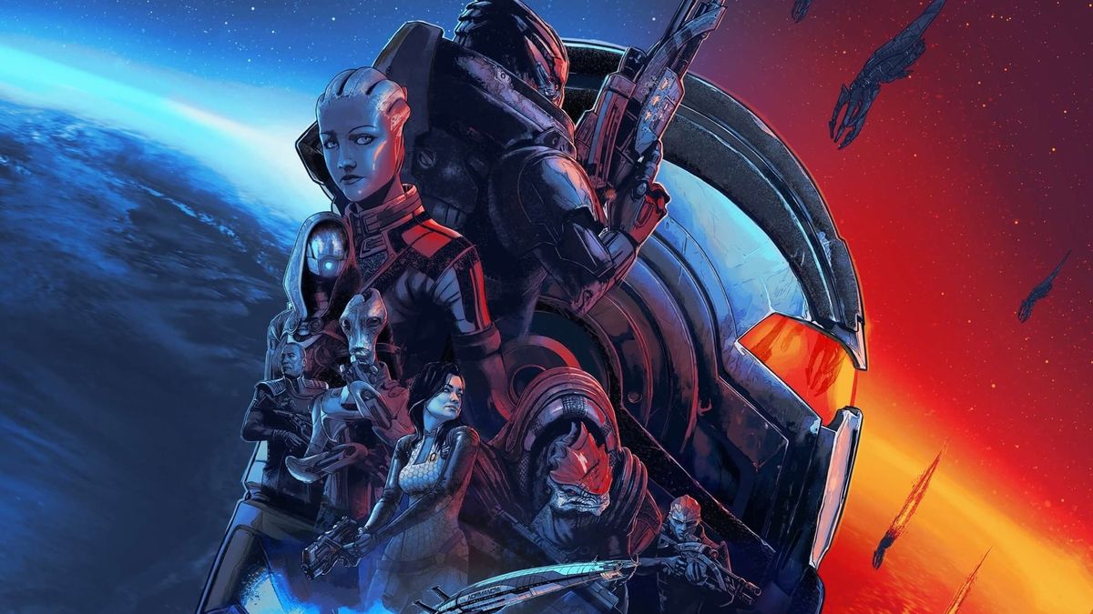 Oficiální artwork Mass Effect: Legendary Edition s posádkou Normandie na pozadí planety a Reaperů