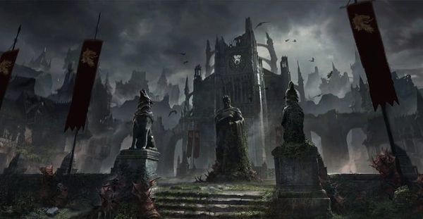 Koncept art k Diablo V zobrazující zříceniny Sanktuária se sochou trůnícího Diabla