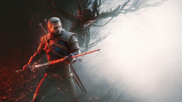 Geralt z Rivie s taseným mečem, klíčová grafika k datadisku The Witcher 3: Songs of the Past