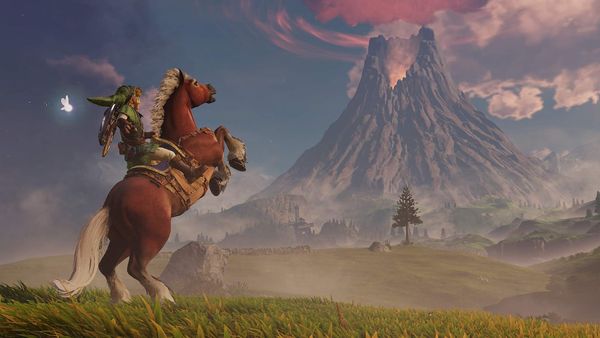 Link na vzpínající se Eponě na Hyrule Field, v pozadí Death Mountain