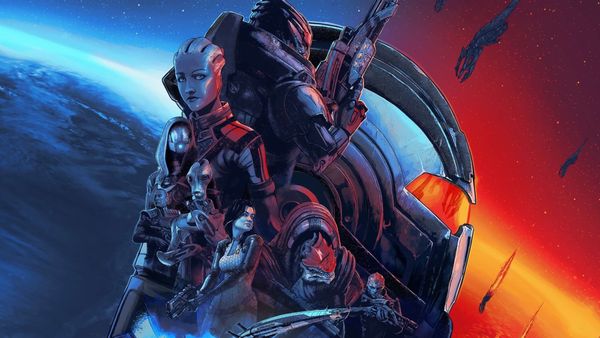 Oficiální artwork Mass Effect: Legendary Edition s posádkou Normandie na pozadí planety a Reaperů