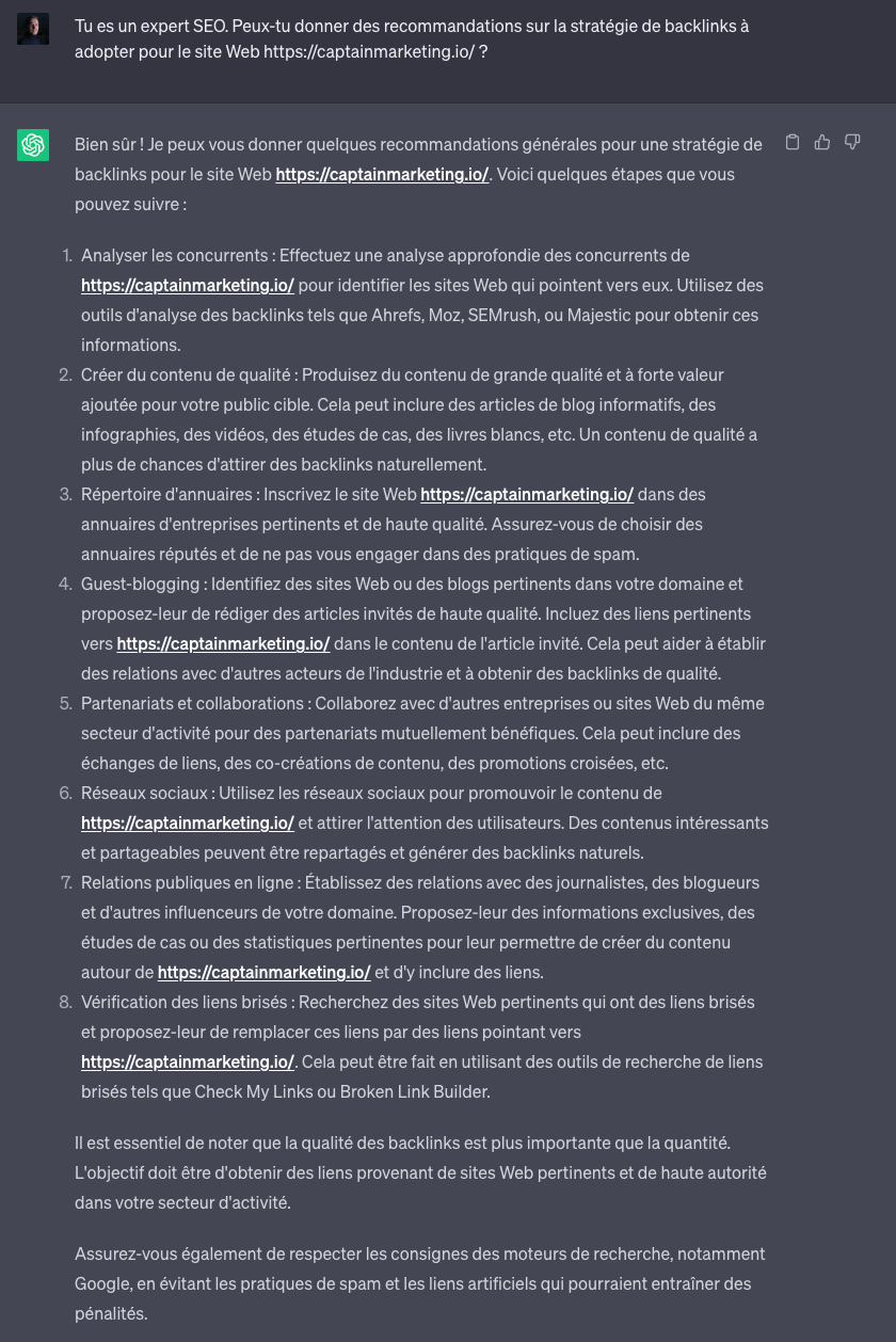 Recommandations Backlinks avec ChatGPT