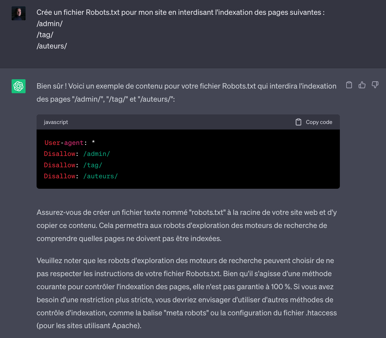 Création d'un fichier Robots.txt avec ChatGPT