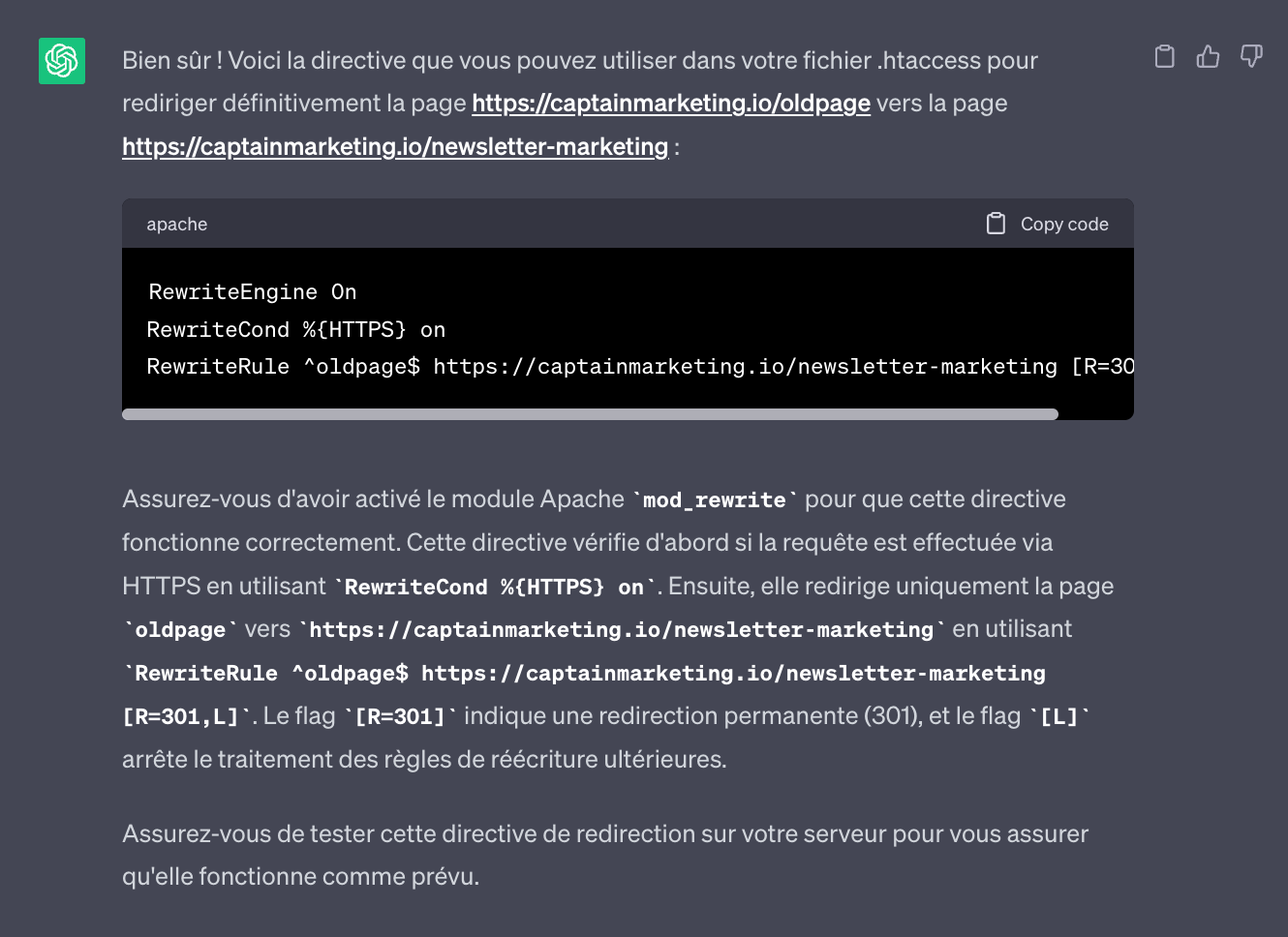 Création d'un fichier .htaccess avec ChatGPT